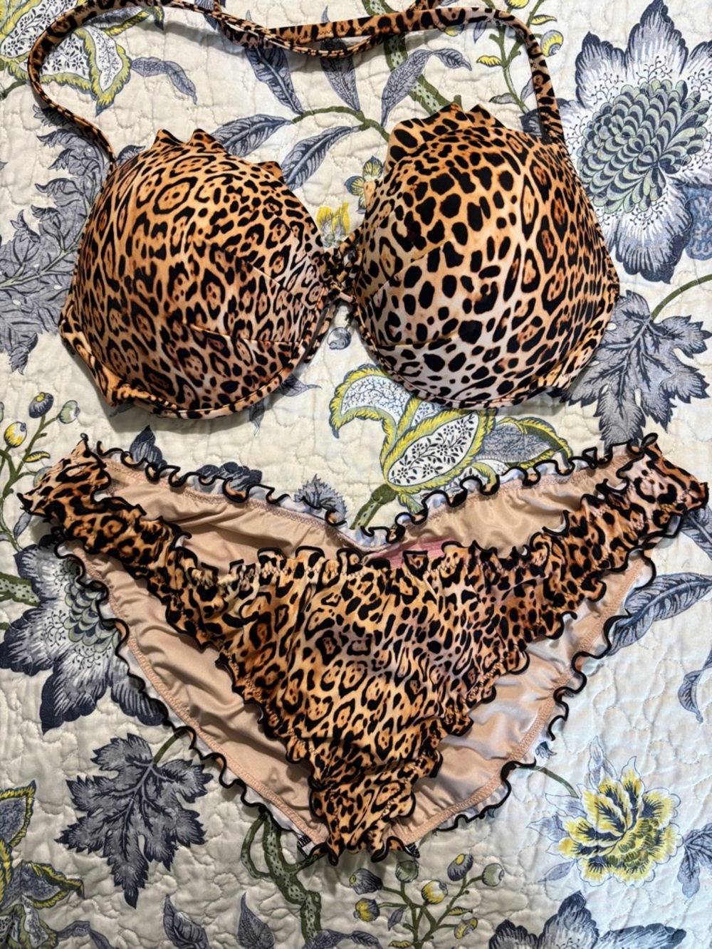 Leopard Print Women’s Bikini Set - Padded Halter Top & Ruffle Bottom